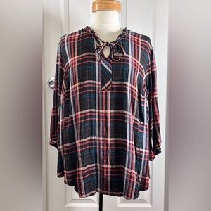 Torrid Rayon Twill Plaid Tie Neck Peasant Top Size 3 Plus